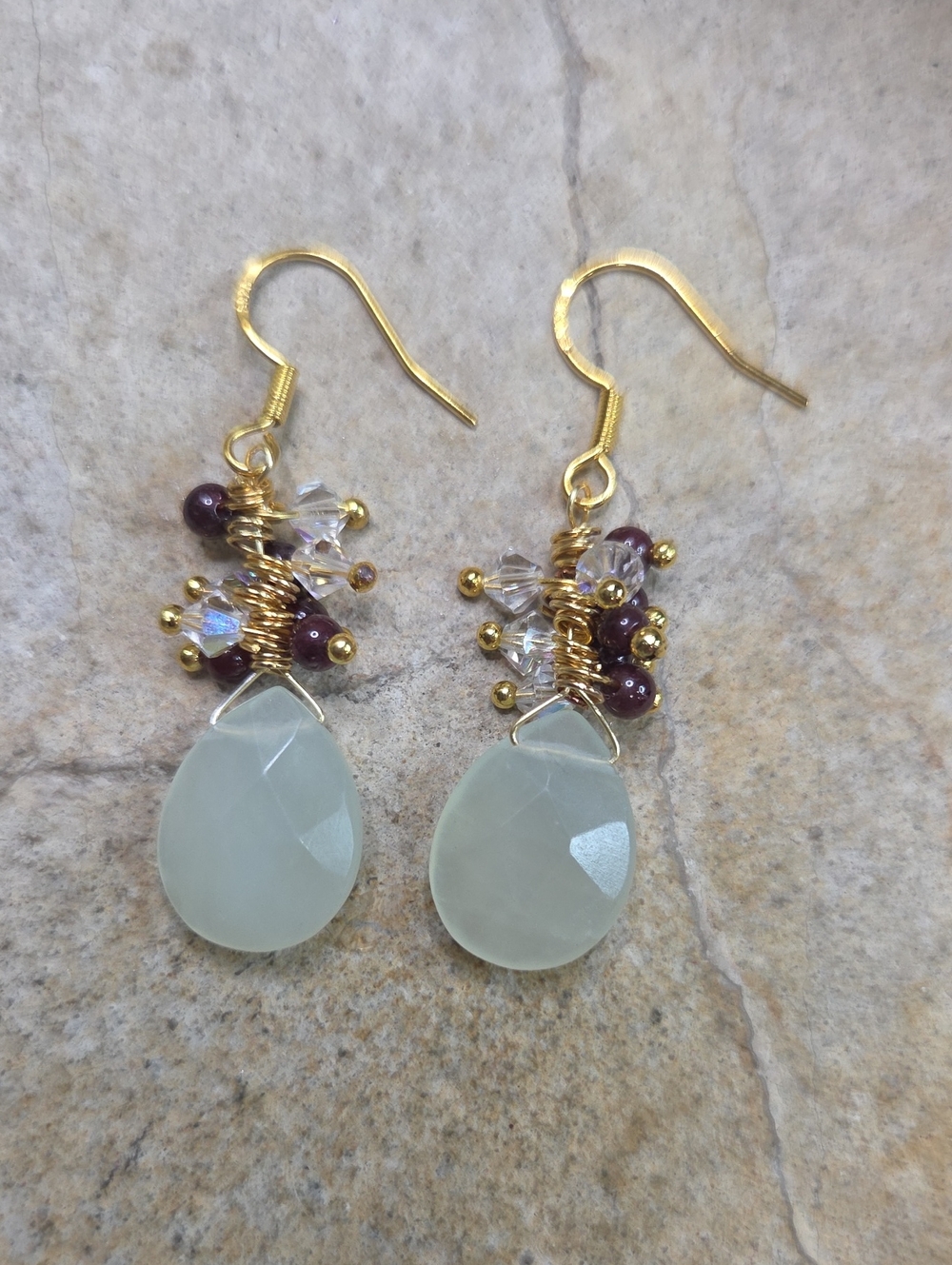 Gold-Plated 925 Hooks Drop Earrings Green Calcedony Teardrop and Garnet Accents